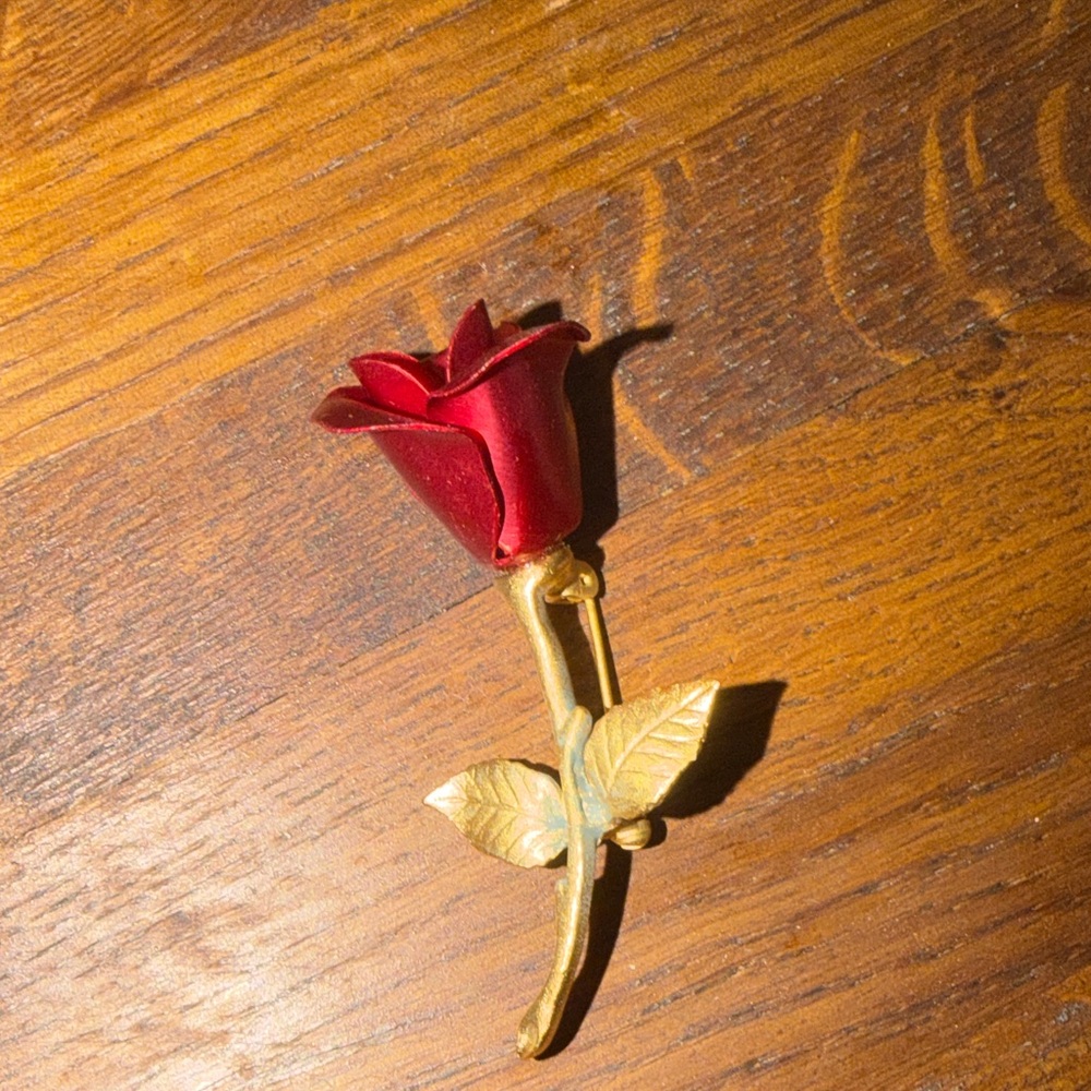 Red Rose Brooch with Gold Stem